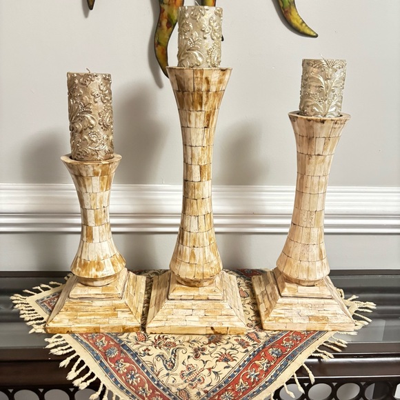 Vintage Bone inlay Candle Holders Set of 3 Gorgeous Excellent condition - Picture 2 of 9